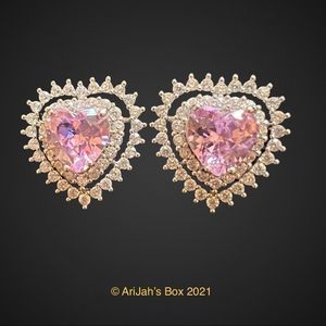 Silver Pink Ice Diamond Double Heart Studs